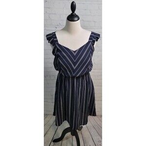 Monteau Sleeveless Short Dress Navy Blue & White Striped size Med V Neck Cinched